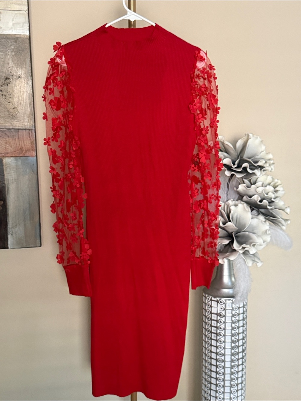 No Boundaries Red Floral-Appliqué Sleeve Knit Dress